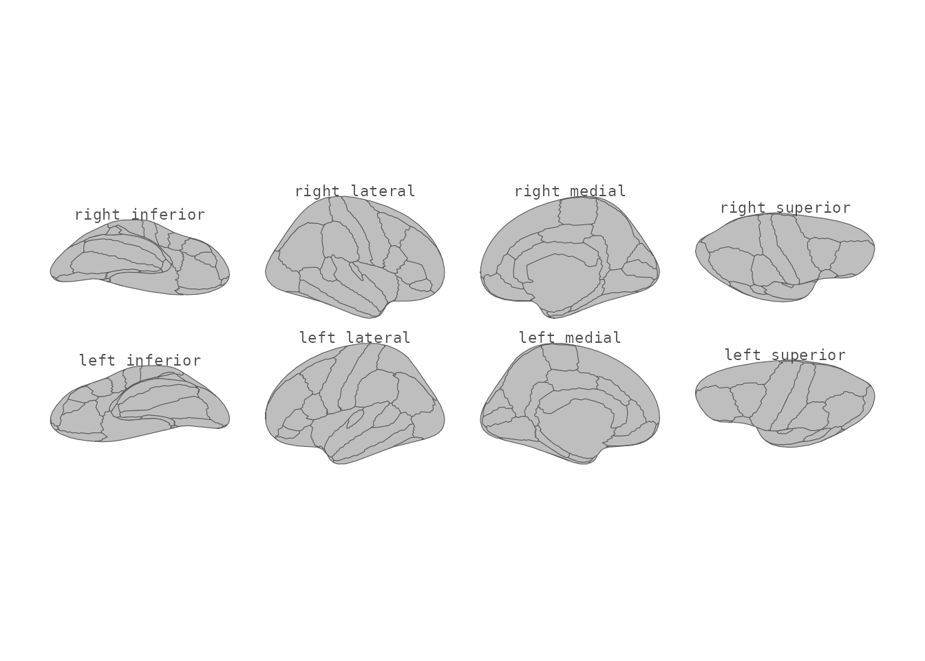 Cortical atlas with view labels.