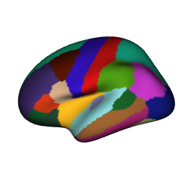 Left hemisphere of the DK atlas rendered in rgl, each region in its atlas colour, viewed from the lateral side.