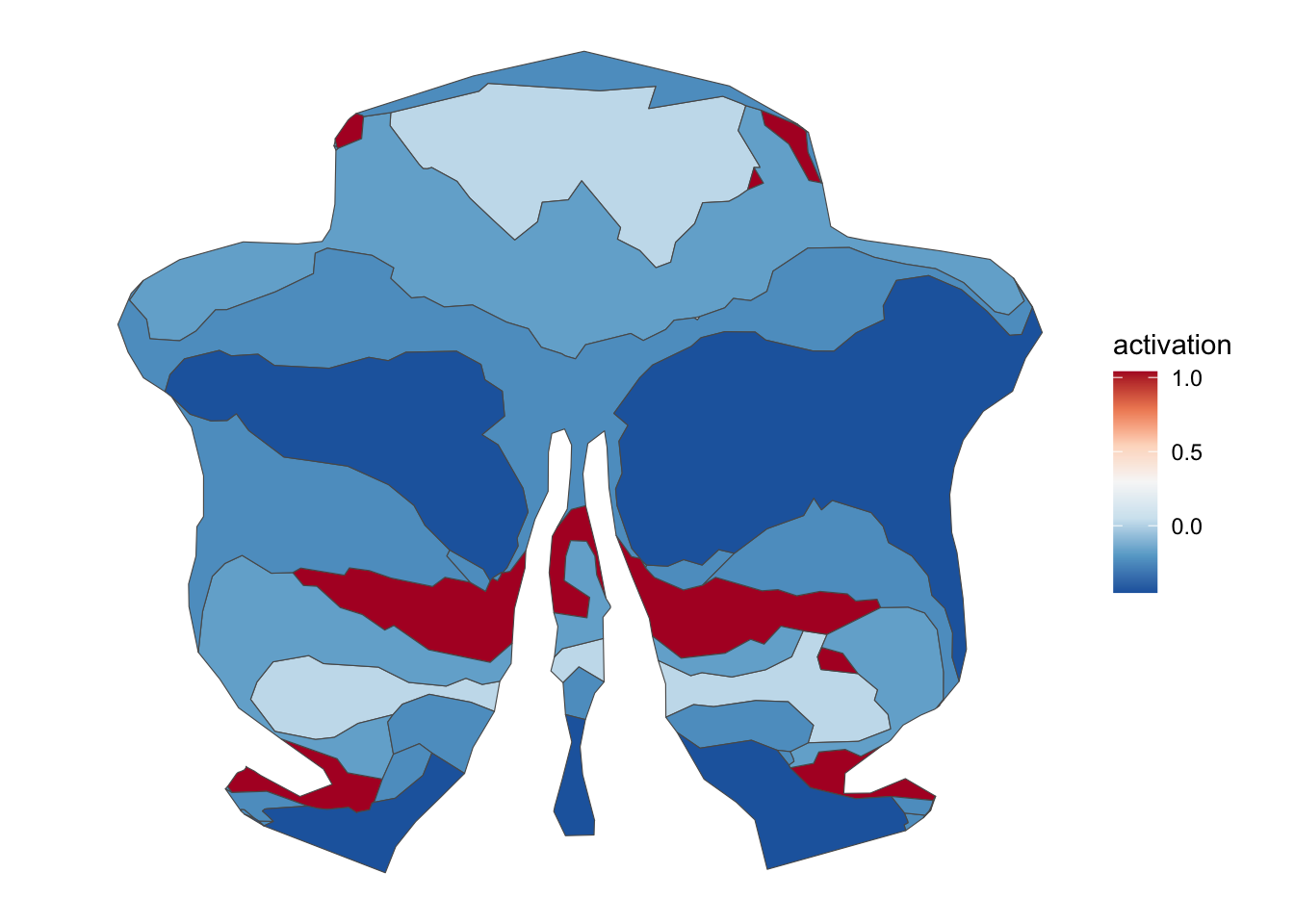 Cerebellar flatmap with regions colored by simulated activation values on a continuous blue-to-red scale