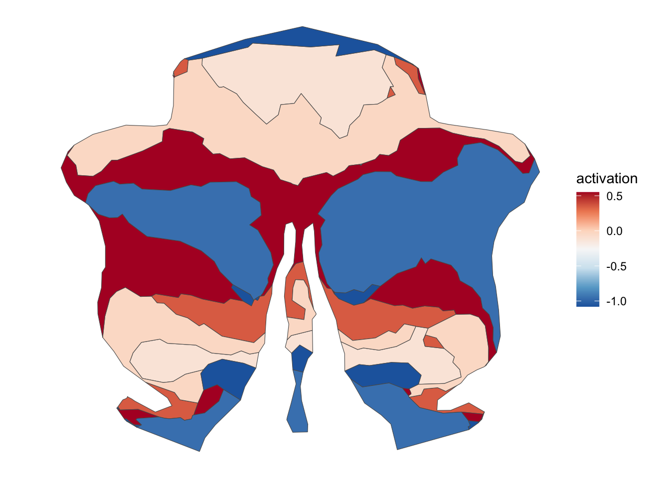 Cerebellar flatmap with regions colored by simulated activation values on a continuous blue-to-red scale